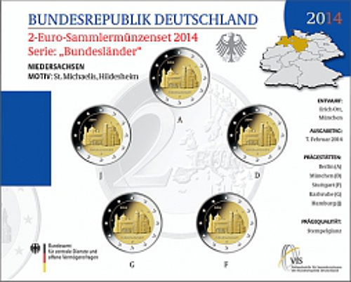 2 Euro Deutschland 2014 2 Euro Set Niedersachsen: Kirche St.Michael Hildesheim ST A,D,F,G,J
