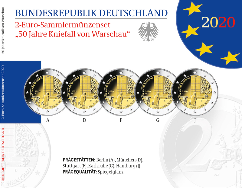2 Euro Deutschland 2020 2 Euro Set 50 Jahre Kniefall von Warschau SP A,D,F,G,J