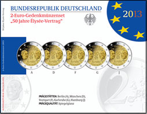2 Euro Deutschland 2013 2 Euro Set 50 Jahre Elysée-Vertrag SP A,D,F,G,J