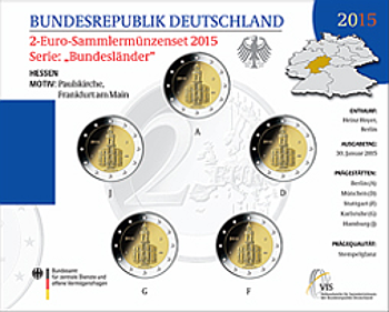 2 Euro Deutschland 2015 2 Euro Set Hessen: Paulskirche Frankfurt ST A,D,F,G,J