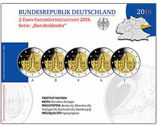 2 Euro Deutschland 2016 2 Euro Set Sachsen: Dresdner Zwinger SP A,D,F,G,J