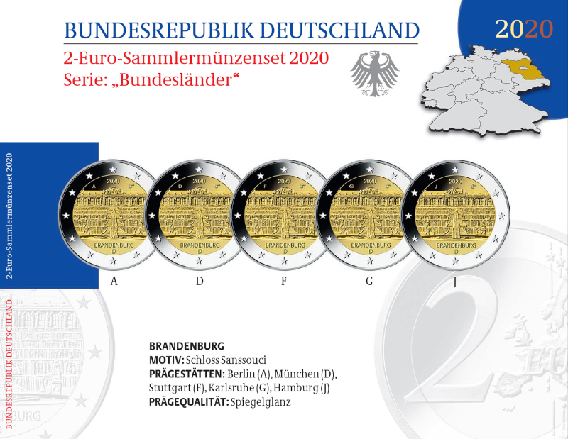 2 Euro Deutschland 2020 2 Euro Set Brandenburg: Schloss Sanssouci SP A,D,F,G,J