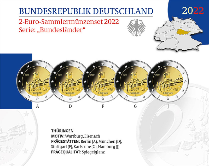 2 Euro Deutschland 2022 2 Euro Set Thüringen: Wartburg SP A,D,F,G,J