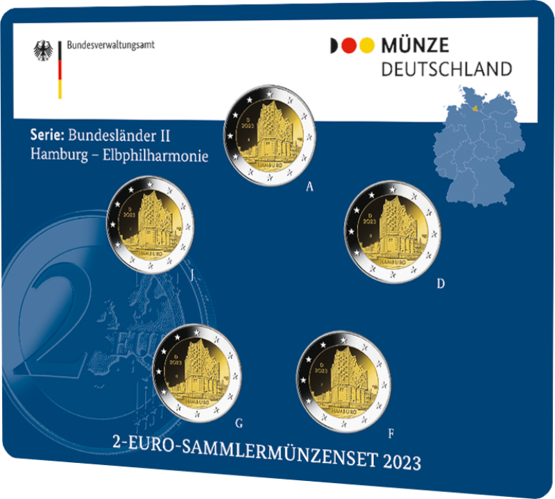 2 Euro Deutschland 2023 2 Euro Set Hamburg: Elbphilharmonie ST A,D,F,G,J